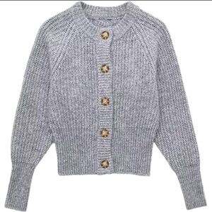 Zara Heather Gray Knit Cardigan with Button Accent
